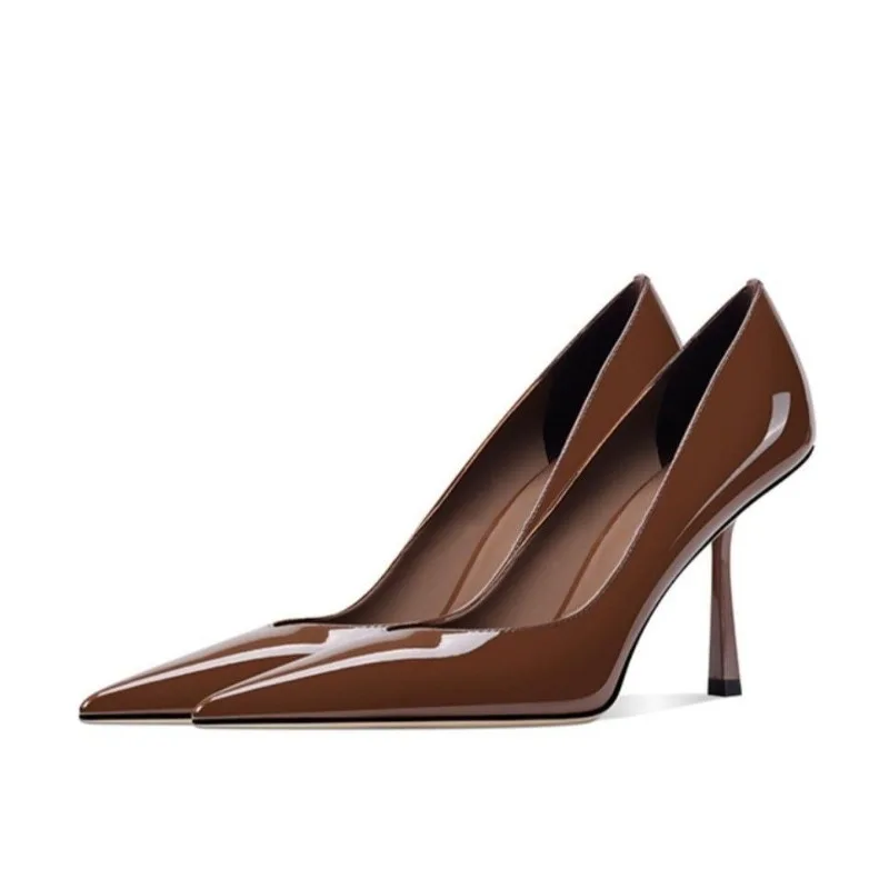 Temperament Mode Spitzen High Heels Sexy Neue Patent Leder Flacher Mund Schwarz Einzelnen Schuhe Mode High Heels frauen Schuhe