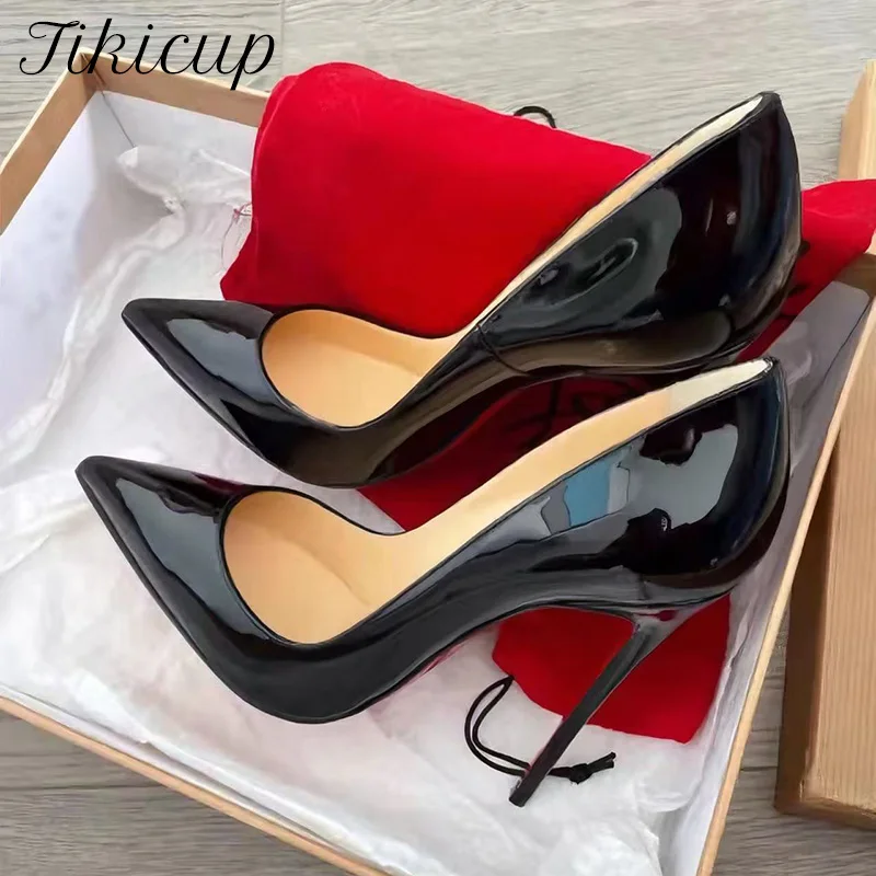 Tikicup klassische schwarze Lackleder-Stiletto-High-Heels mit spitzer Zehenpartie für Damen, elegante Schuhe für Abendpartys und formelle Anlässe, große Größe