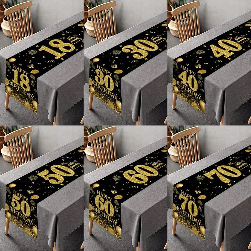 Schwarzgold Happy Birthday Tischläufer Tischdecke 18 30 40 50 60 70. Geburtstag Party Dekoration für Zuhause Erwachsene Jubiläum Image