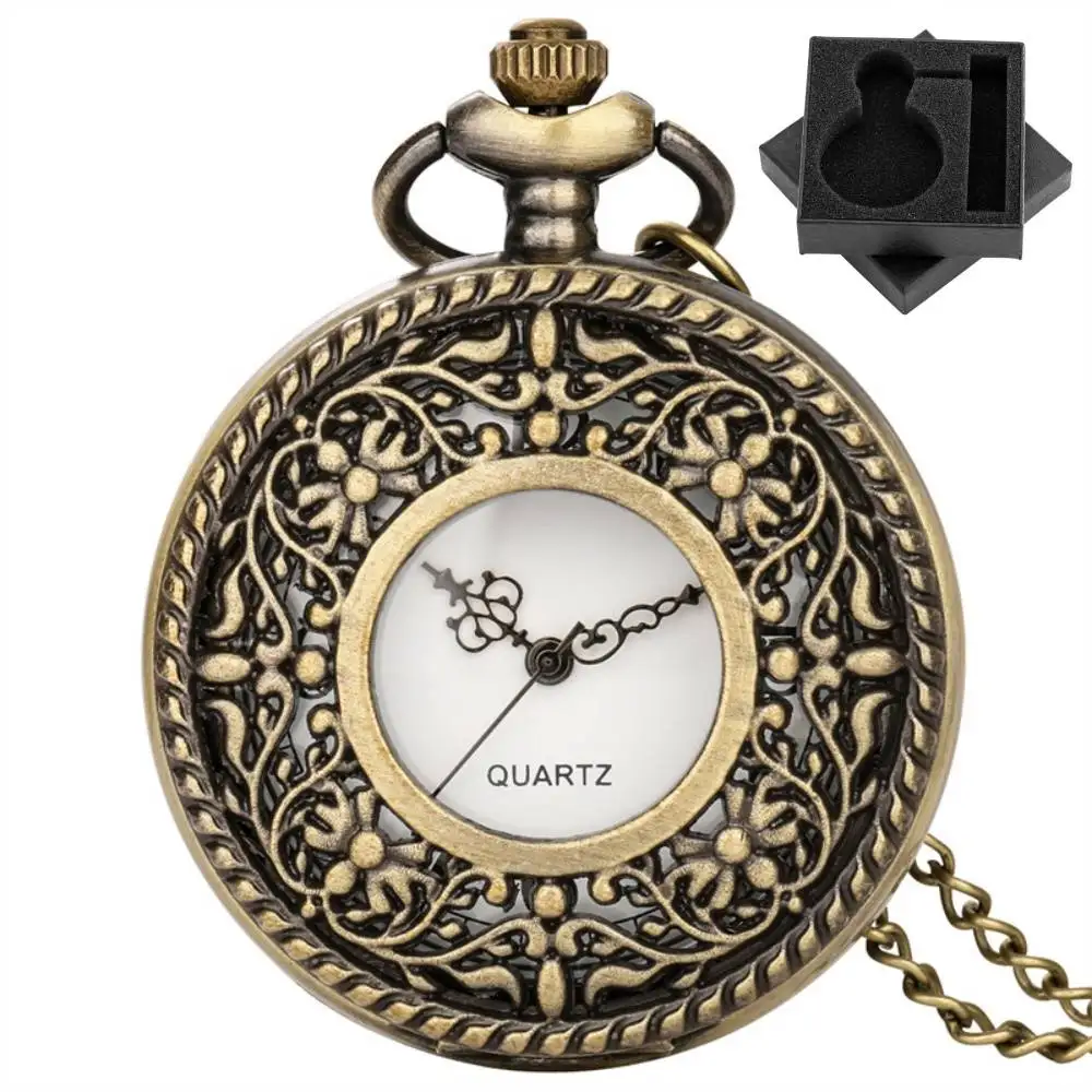 Retro stilvolle hohle Blumen Half Hunter Quarz Taschenuhr arabische Ziffern Zifferblatt Halskette Anhänger Uhr antikes Geschenk Unisex