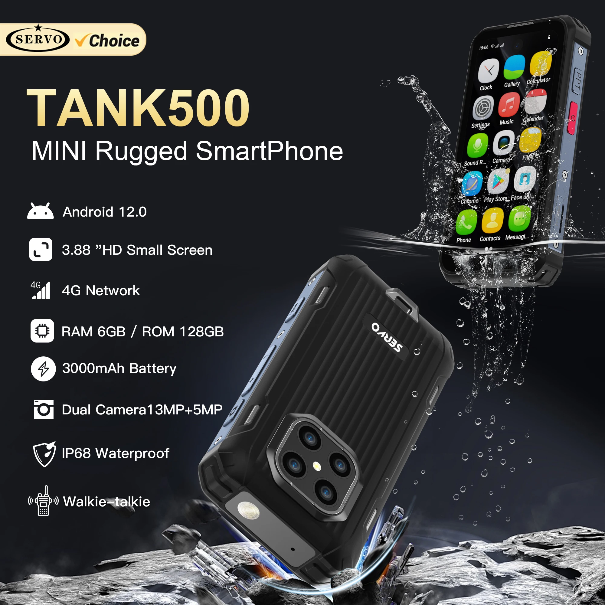 SERVO TANK500 IP68 Wasserdichtes Mini-Smartphone 4G LTE Android 12 RAM 6 GB ROM 128 GB PTT Netzwerk-Gegensprechanlage Kleine robuste Smartphones