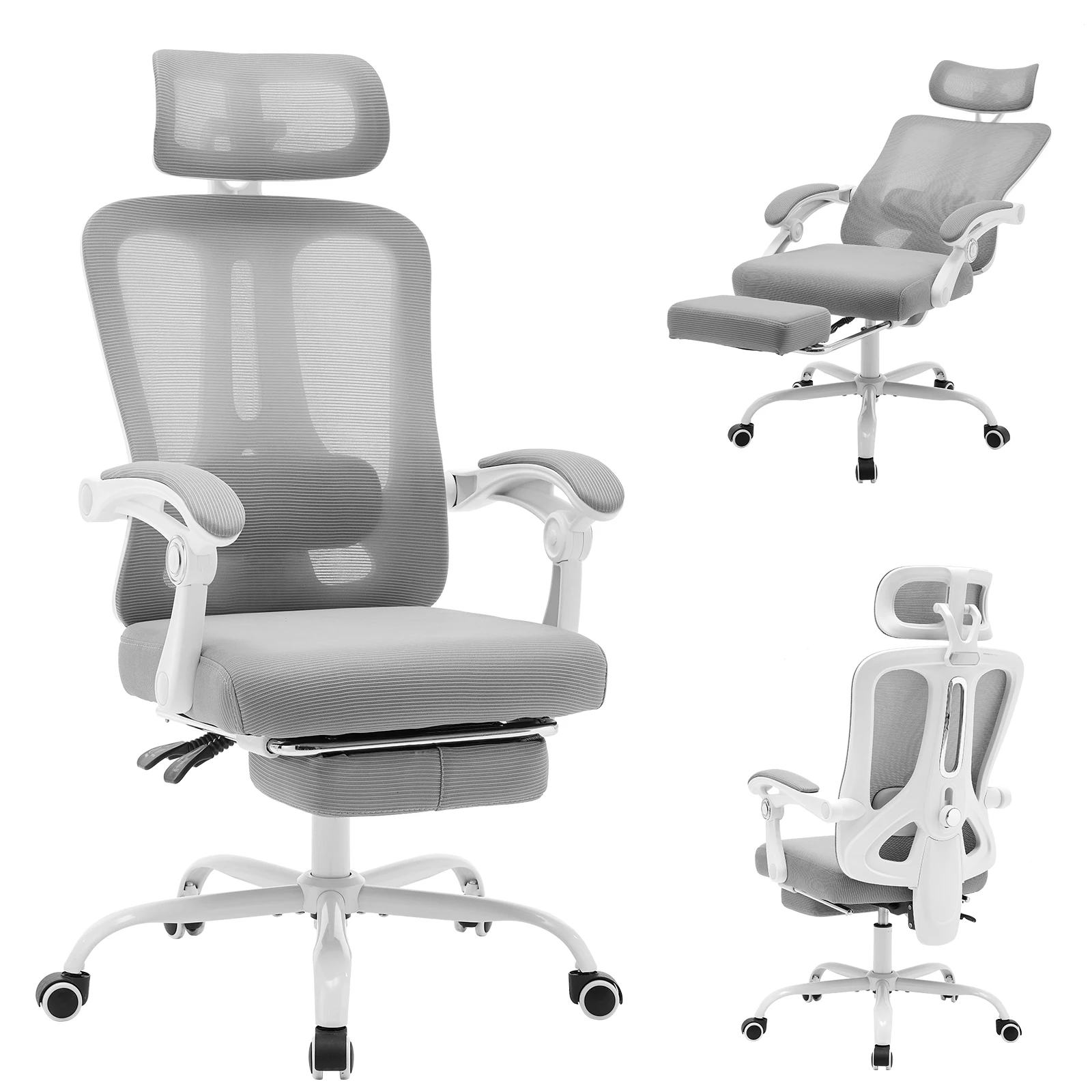 Ergonomischer Bürostuhl, drehbarer Arbeitsstuhl mit verstellbarer Lendenwirbelstütze und Fußstütze, Netzrückenlehne, für Home-Office und Gaming