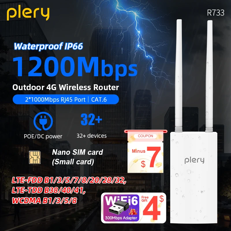 Plery WIFI 5 1200Mbps WLAN-Router 2,4G/5,8G Router 5G SIM-Karten-Unterstützung IP66 Outdoor AP 24V POE CPE 1000M WAN/LAN-Anschlüsse EU-Stecker Image