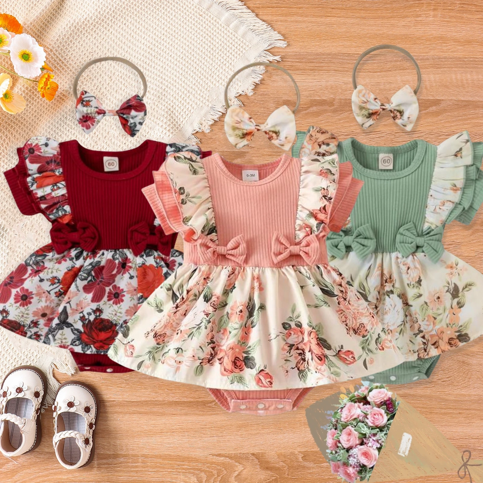 Sommer Baby Mädchen Kleid Mit Bowknot stirnband Gestreiften Overall Baumwolle Kleid Für Neugeborene Blumen Kleidung Baby Krabbeln Kleidung Image