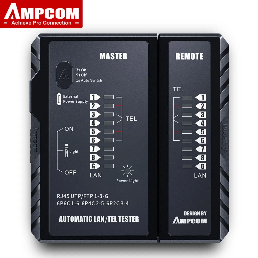 AMPCOM Netzwerkkabeltester, CAT5E CAT6 CAT6A CAT7 RJ45 Netzwerk-LAN-Kabel 8P8C POE RJ11 Telefonleitung Kontinuitätstester Image