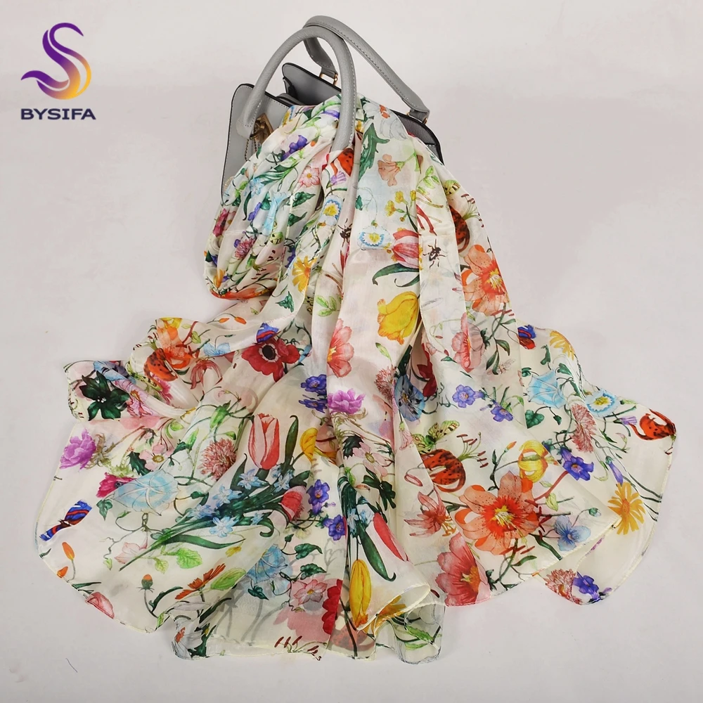 BYSIFA | Weiß 100% Maulbeerseide Schal Schal Frauen Neue Blumen Design Sommer Lange Strand Schal Luxus Damen Hals Schals Hijabs Image