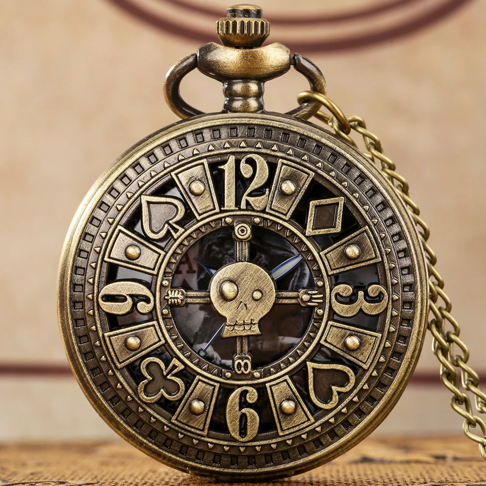 Bronze Retro Poker Karten Schädel Design Ghost Display Steampunk Quarz Taschenuhr Fob Vintage antike Uhr mit 80cm/38cm Kette