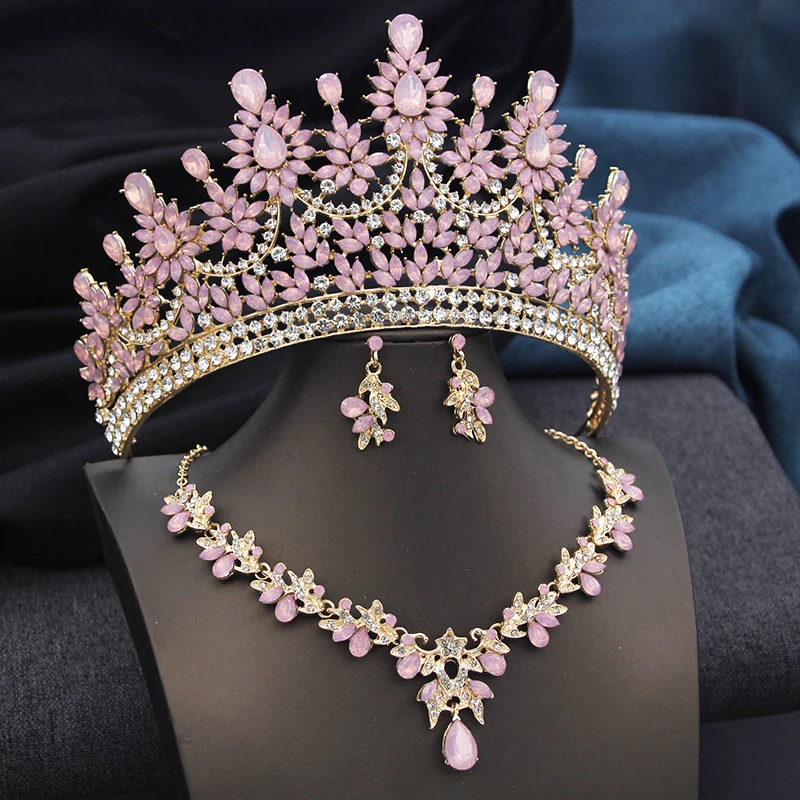 Rosa Tiaras und Halskette mit hohem Opal, Ohrringen, Brautschmuck-Sets für Frauen, Bräute, Hochzeit, Krone, Abschlussball, Geburtstag, Kostümzubehör Image