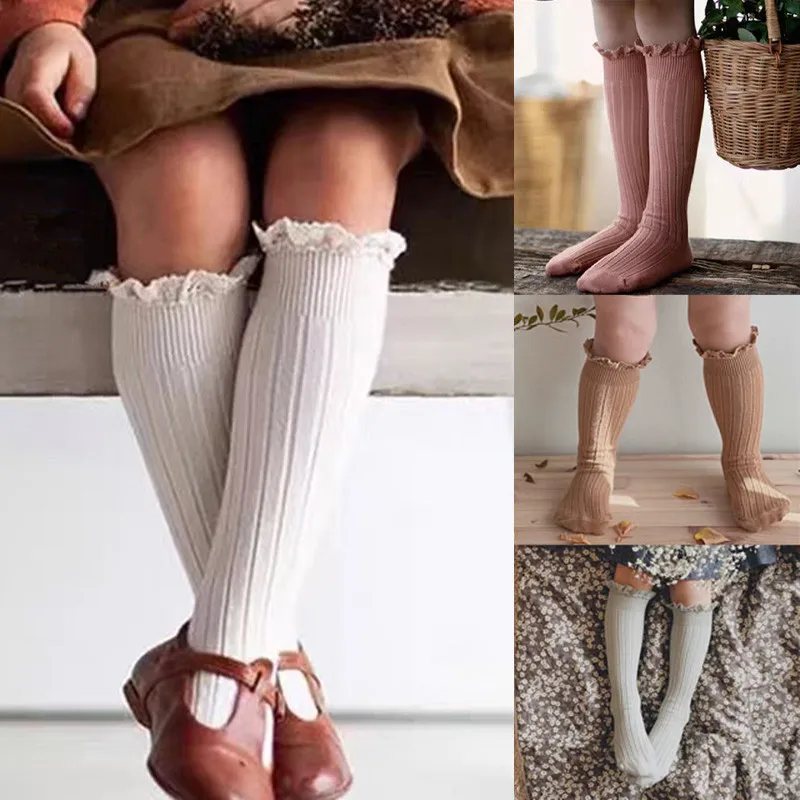 Rüschen Kinder Knies trümpfe Baby Mädchen Kleinkinder lange weiche Baumwoll socke Spitze Blume Kinder Schuluniform Socken für 0-8 Jahre Image