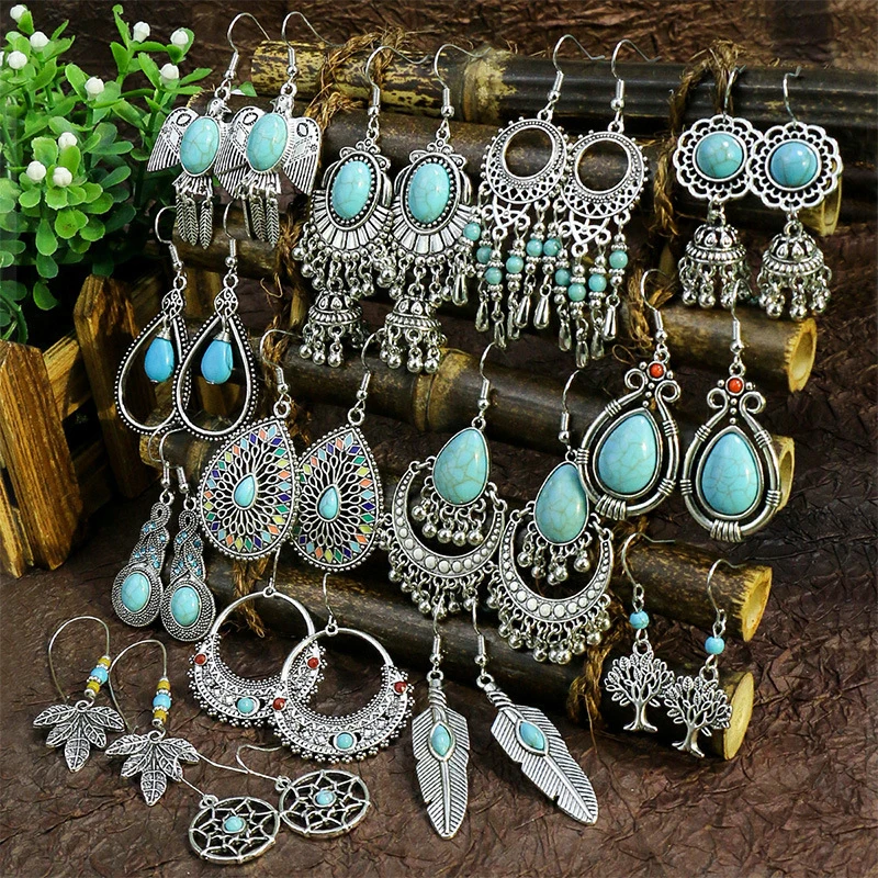 39 Stile Bohemian Vintage Tibetische Silber Geometrische Ohrhänger für Frauen Ethnische Blaue Stein-Quasten-Ohrringe Schmuck