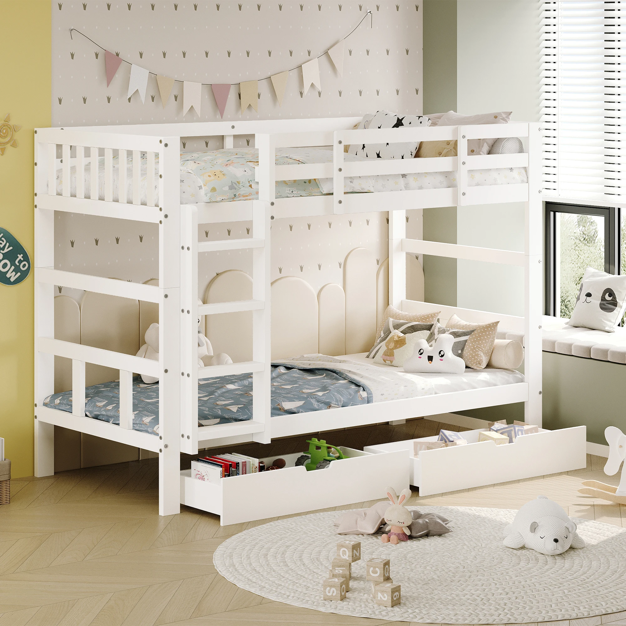 Kinderbett 90x200 cm Massivholz-Etagenbettgestell mit Schubladen, Kinderbett für Jungen und Mädchen mit Absturzsicherung, Weiß