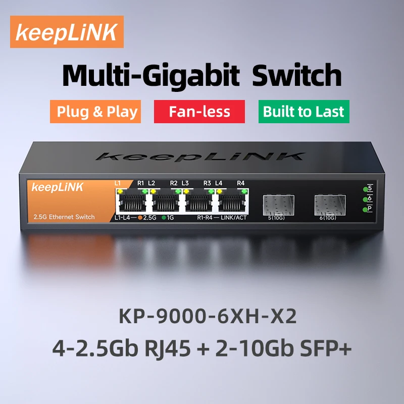 KeepLiNK 6-Port-Multi-Gigabit-Switch mit 4-Port 2,5 GB RJ45 und 2-Port 10G SFP+ Unmanaged Plug and Play Image