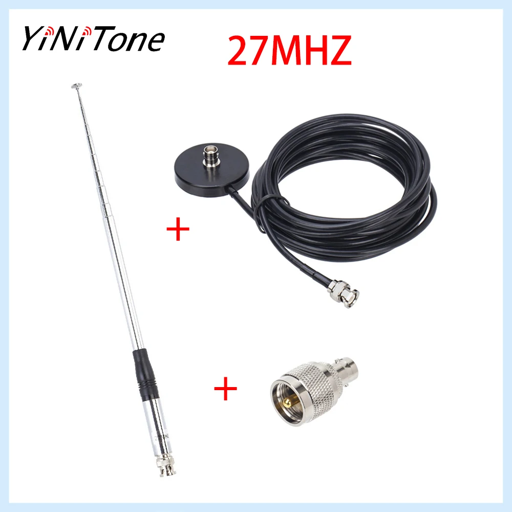 27 MHz Teleskop-CB-Antenne 9–51 Zoll mit Magnetfuß, 5 m RG58-Kabel, BNC-Anschluss und BNC-auf-PL259-Adapter für Mobilgeräte oder Ha Image