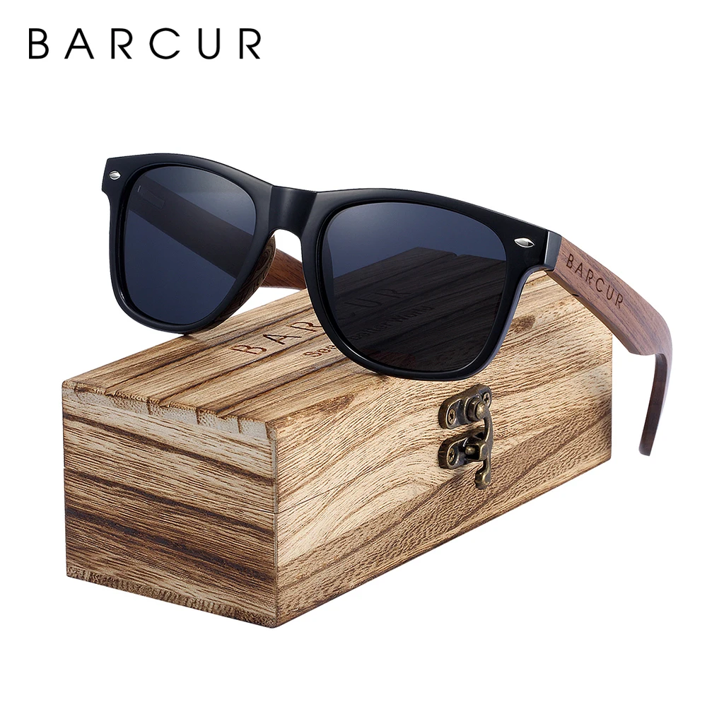 BARCUR Schwarz Nussbaum Sonnenbrille Holz Polarisierte Sonnenbrille Männer Gläser Männer UV400 Schutz Brillen Holz Original Box Image