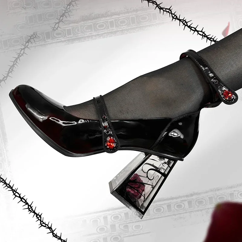 Punk Gothic High Heels Pumps Frauen 2024 Neue Rose Mit Hohen Absätzen Patent Leder Schuhe Frau Ankle Straps Schwarz Mary Jane Schuhe