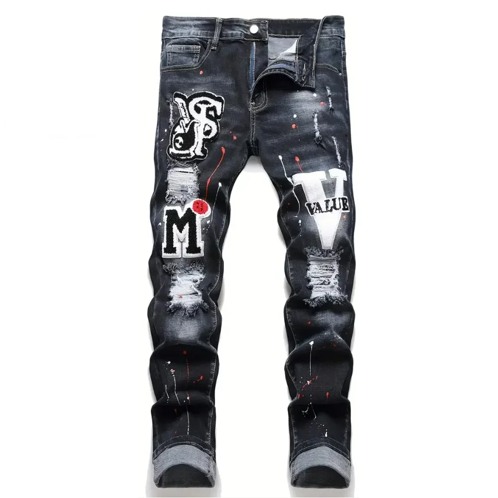 Männer y2k Stretchy Denim Jeans Zerrissene Skinny Brief Drucken elastische Taille Casual Hosen für Männer Loch Slim Fit Denim Hip Hop Hosen