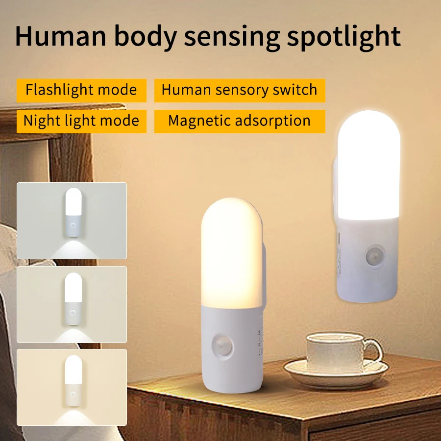 Bewegungsmelder, 2-in-1-LED-Nachtlicht, wiederaufladbar, 3 Farben, Wandleuchte, kabelloser magnetischer Strahler für Schlafzimmer, Flur und Treppe