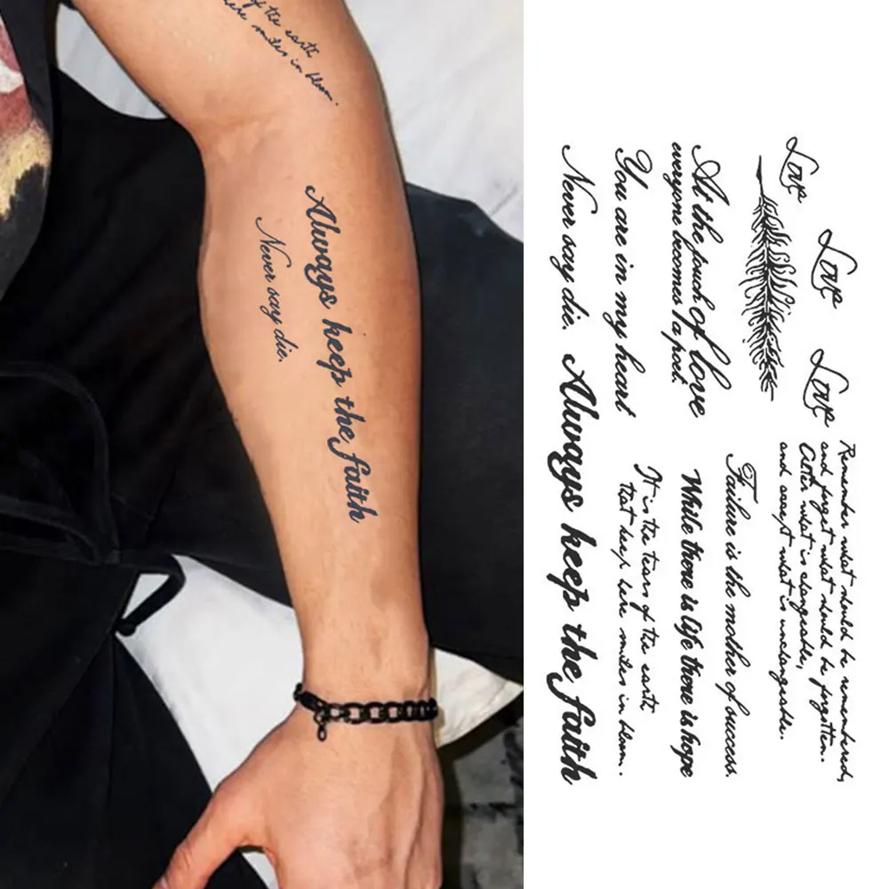 Saft Tinte Anhaltende Englisch Wort Wasserdicht Temporäre Tattoo Aufkleber Schwarz Brief Feder Schriftarten Gefälschte Tattoo Körper Kunst Männer Frauen Arm Image