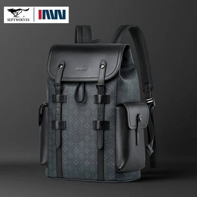 Septwolves Hochwertiger Business-Rucksack aus bedrucktem Leder für Herren, Designer-Rucksack mit Kordelzug, Flip-Monogramm, Laptoptaschen, bedruckter Arbeitsrucksack