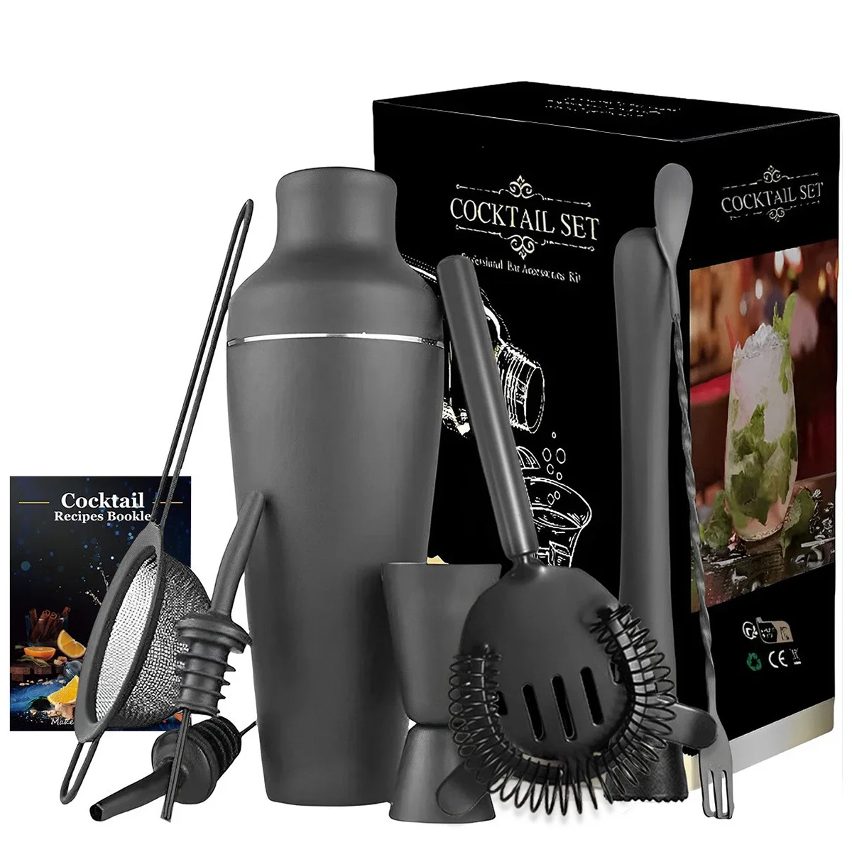 8-teiliges mattschwarzes Cocktail-Shaker-Set, Wein, Martini, Getränkemixer, Barzubehör, Barkeeper-Ausrüstung, Barkeeper-Set für die Hausbar