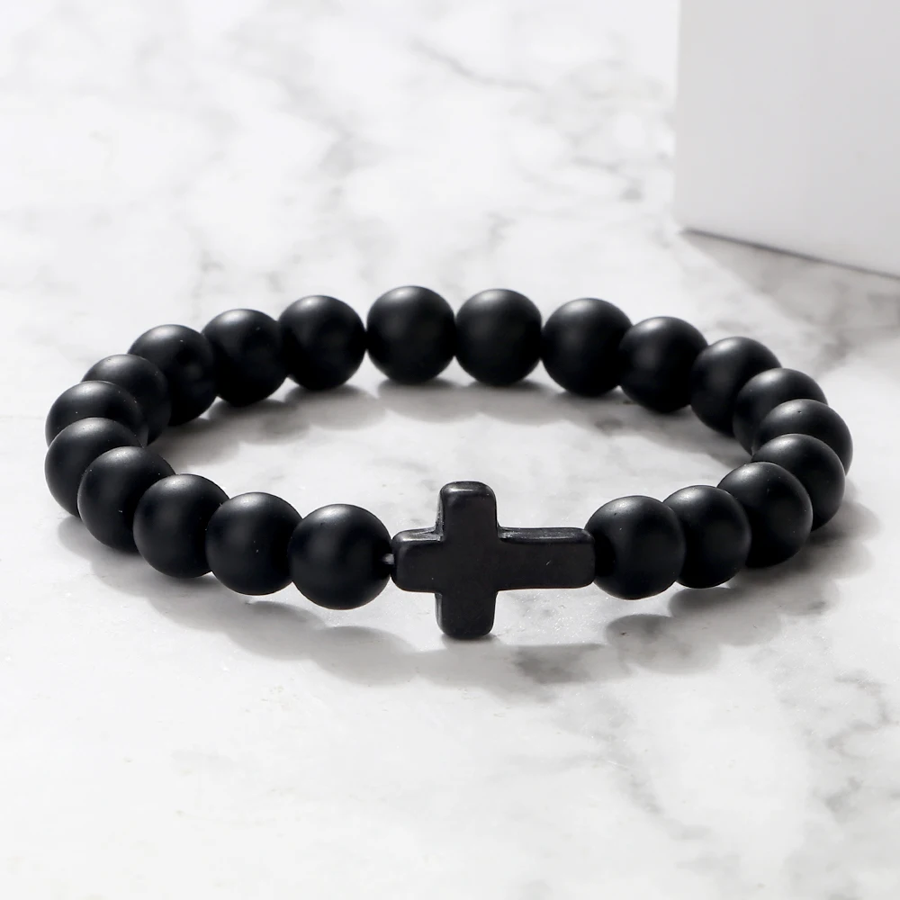 Charme Naturstein Armband Kreuz Schwarz Lava Matte Perlen Armbänder Handgemachte Männer Frauen Gebet Fitness Kette Paar Schmuck Geschenk Image