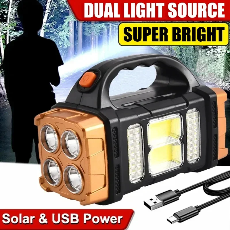 Tragbare leistungsstarke wiederaufladbare USB-Taschenlampen, Solar-LED-Licht mit COB-Arbeitslicht, 4-Gang-Aufladung, Handy-Camping-Lampen Image