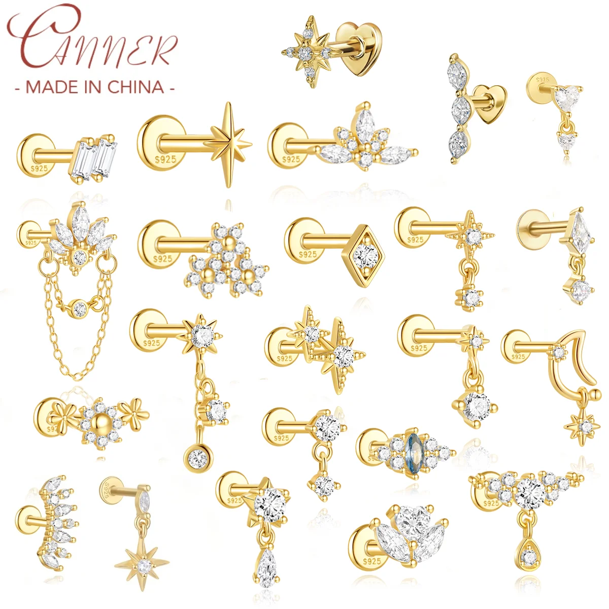 CANNER 1 Stück 925 Silber Glatte Sterne Mond Ohrstecker für Frauen 18 Karat Gold Flachkopf Gewinde Punktion Ohr Knochen Ins Edlen Schmuck Image