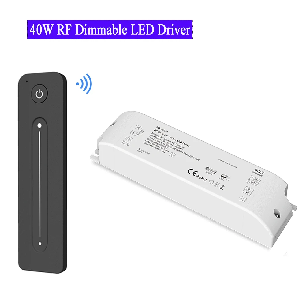 40 W dimmbarer LED-Treiber mit kabelloser RF-Fernbedienung, dimmbar, Push-Dim AC 110 V, 220 V, 230 V, Netzteil, DC 12 V, 24 V, Dimmer-Transformator