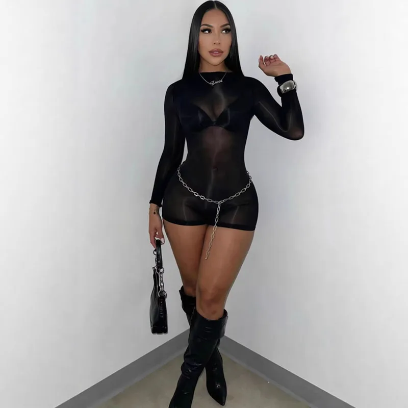 Doyerl Einfarbiger Langarm-Shorts-Romper für Damen Bodysuit Ausgefallener Club-Overall Figurbetonter Dehnbarer Party-Nacht-Going-Out Einteiler Playsuit Image