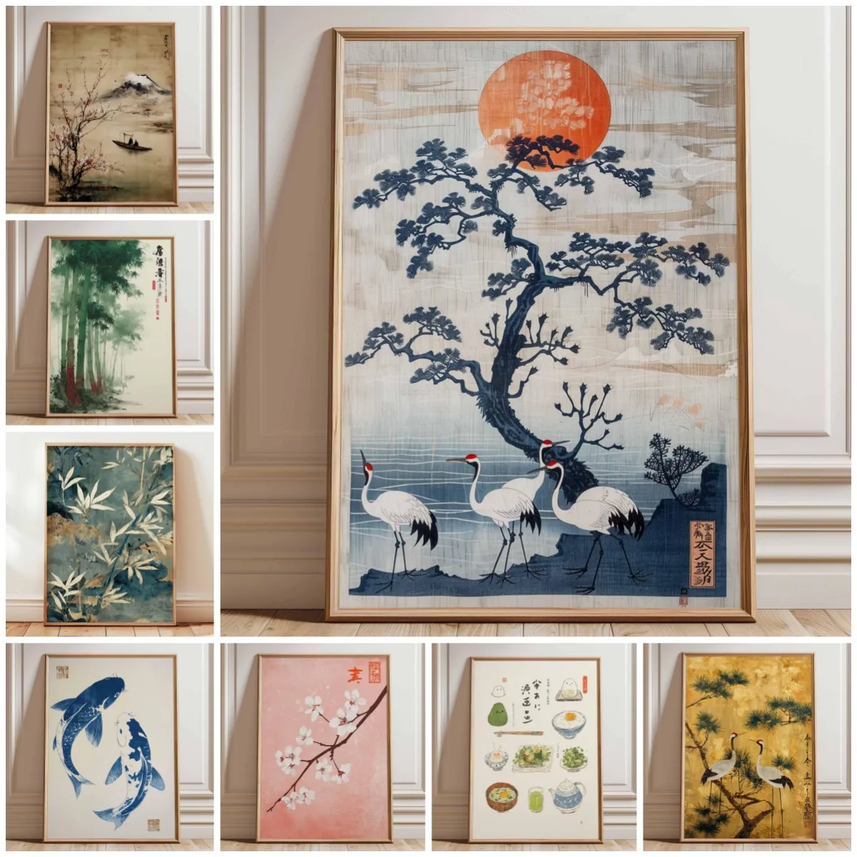 Japanisches Kranich-Poster, Vintage-Ukiyo-e-Wandkunst, Druck mit roter Sonne und Kiefer, traditionelles japanisches Kunstwerk, orientalische Heimdekoration