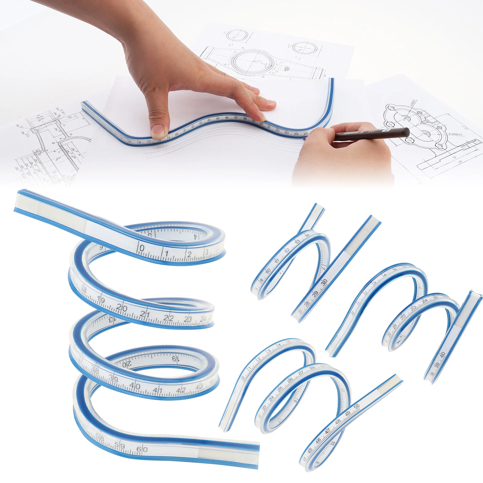 30/40/50/60 cm gebogenes Doppelskala-Lineal, optionales imperiales und metrisches, weiches, flexibles Kurvenlineal zum Nähen/Technikszeichnen Image