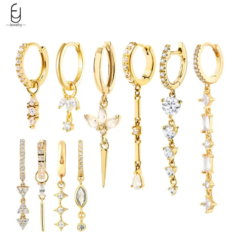 925 Sterling Silber Nadel Wasser Tropfen Runde Zirkon Lange Anhänger Ohrringe Für Frauen Bunte Kristall Creolen Luxus Schmuck