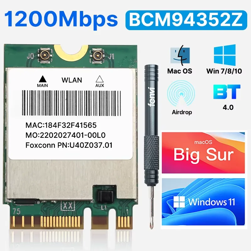 fenvi 1200Mbps BCM94352Z WLAN-Netzwerkkarte Bluetooth 4.0 Dual Band 5G/2,4 GHz BCM94352 DW1560 NGFF M.2 Adapter für Hackintosh Mac Image