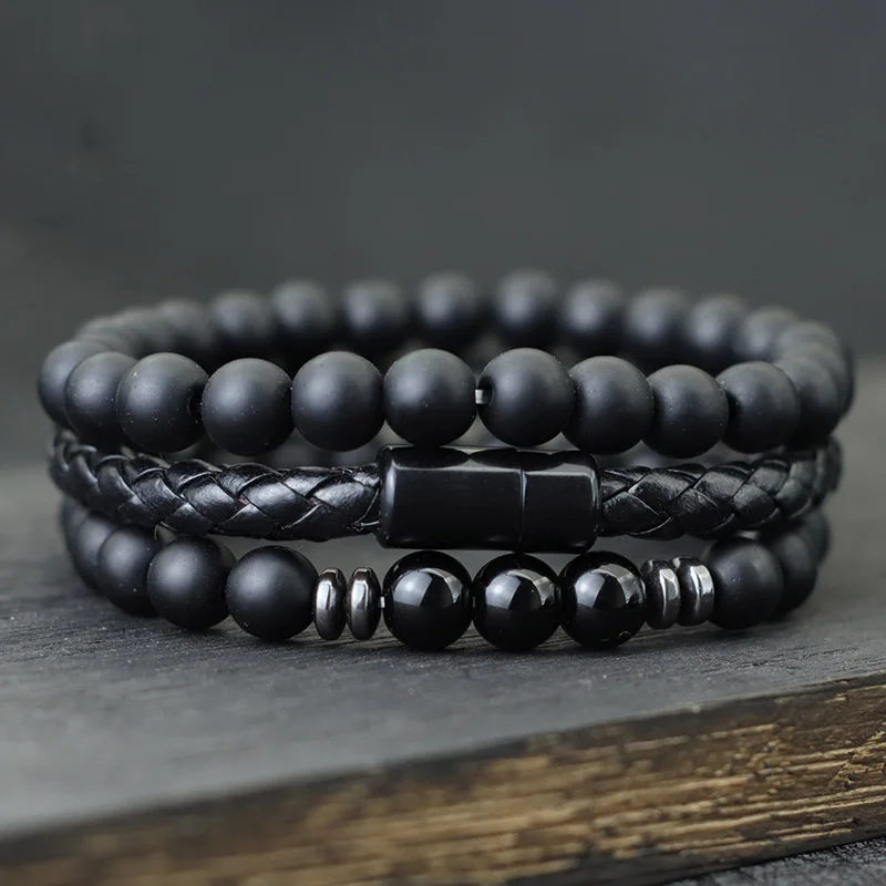 Noter 3 stücke Männer Armband Set 8mm Natürliche Onyx Tiger Augen Stein Armband Homme Magnetische Verschluss Leder Armband Pulsera hombre Geschenk Image