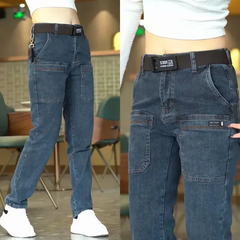 Korea Mode Männer Jeans Cargo Denim Hosen Casual Blau Grau Tasche Denim Hosen Gerade Jean Frauen Streetwear