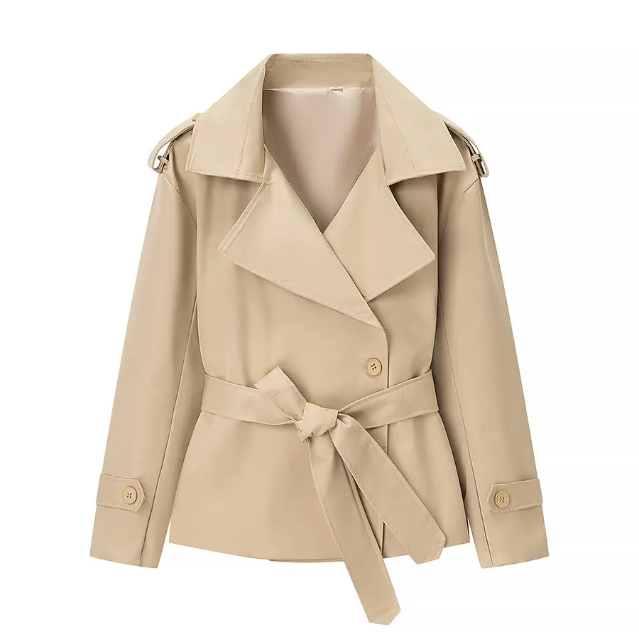 Damen Beige Zweireihiger Kurzer Trenchcoat mit Gürtel und Revers, Kurze Windjacke für Frühling, Elegante Büro-Oberbekleidung
