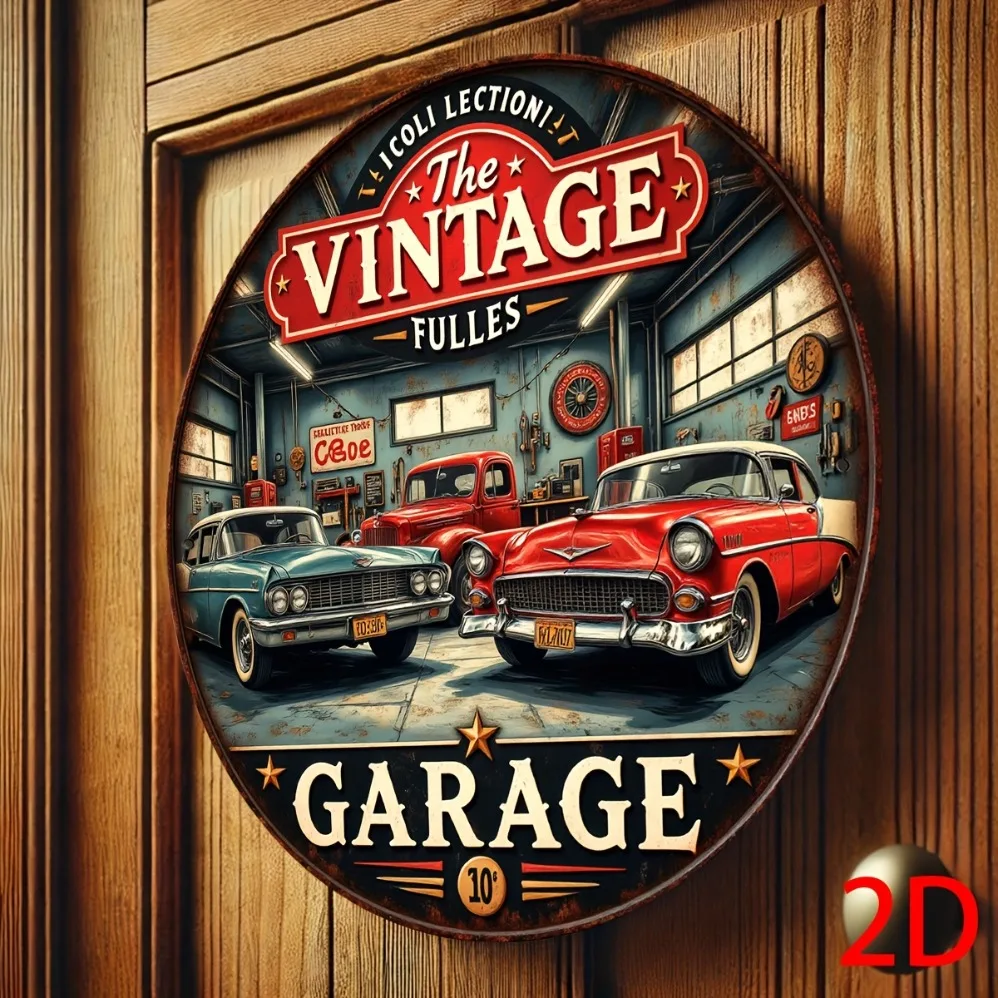 Rundes Wandschild aus Aluminium im Vintage-Retro-Garage-Stil: 2D-Flachmetallschild mit klassischem Autos- und Werkzeugdesign – für Bars, Cafés, Image