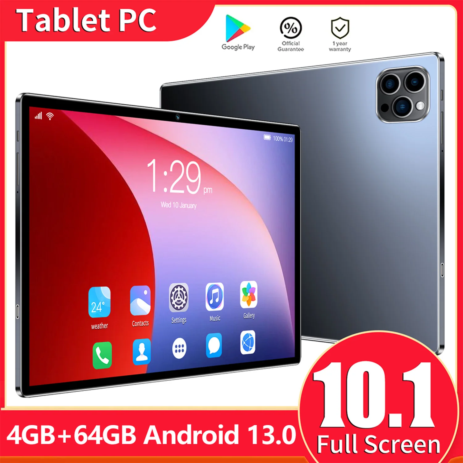 Neues 10,1 Zoll Tablet Android 13, 4GB RAM 64GB ROM, 1TB Erweiterbar, Dual-SIM, Duale Kameras, 6000mAh Akku, Kinder-Geschenk-Tablets Image