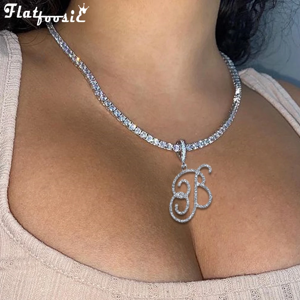 Flatfoosie Mode A-Z Cursive Brief Kristall Kette Halskette Für Frauen Bling Iced Out Initial Anhänger Halskette Hip Hop Schmuck