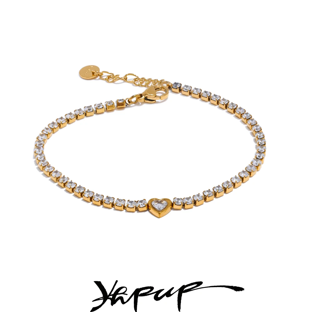 Yhpup Zarte Bling Zirkonia Herz Kette Armband Armreif Exquisite Edelstahl Glänzend Wasserdicht Handgelenk Schmuck Geschenk Image