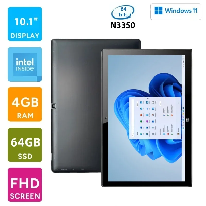 Heiße Angebote 4GB RAM 64GB ROM 10,1 Zoll Windows 11 Tablet 64bit Intel Atom N3350 Quad-Core 1920 x 1200 IPS Dual-Kamera Micro HD-MI Image