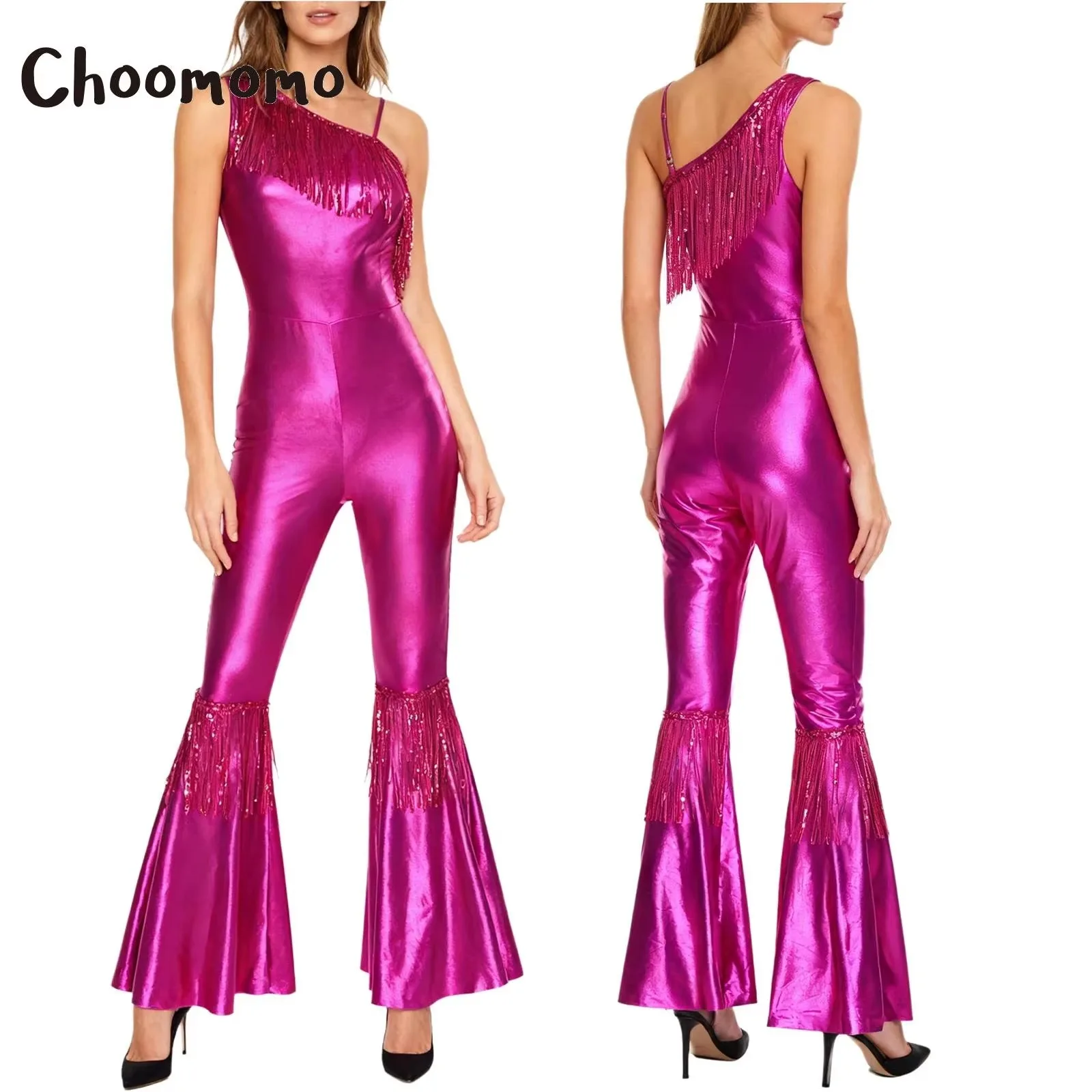 Damen Vintage 70er 80er Disco Dance Jumpsuit Pailletten Quasten One Shoulder Hippie Bell Bottom Bodysuit Metallic Shiny Jazz Strampler Image