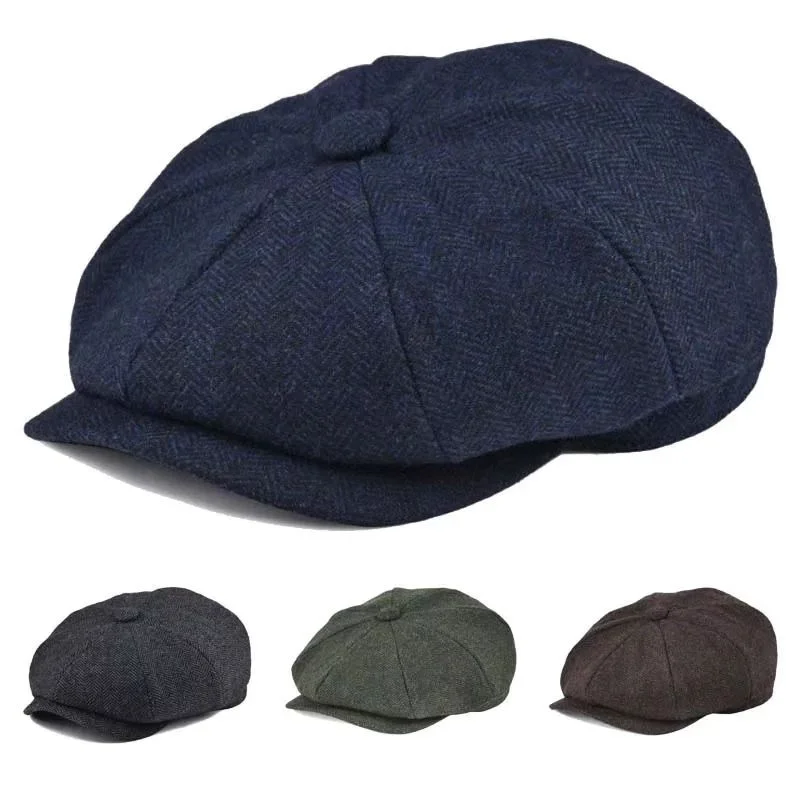 Neue Vintage Wolle Tweed Marineblau Fischgrätenmuster Zeitungsjunge Mütze Unisex 8-Viertel PanelStyle Flache Kappen Frauen Fahrer Baskenmütze Shelby Hut Image