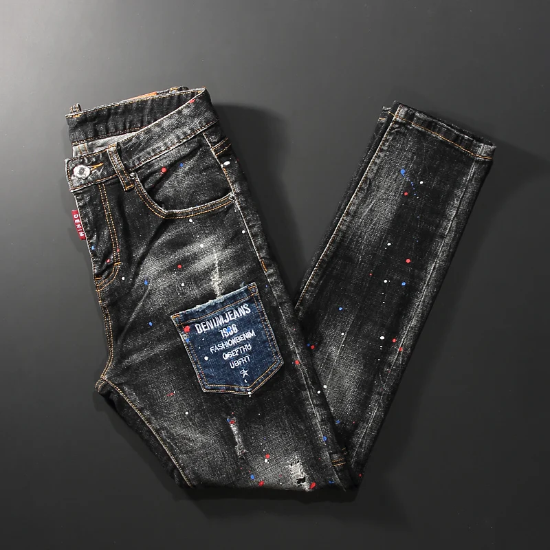 Street Fashion Männer Jeans Retro schwarz grau Slim Fit zerrissene Jeans Männer Tasche Designer gespleißt Hip Hop Vintage Jeans hose Hombre