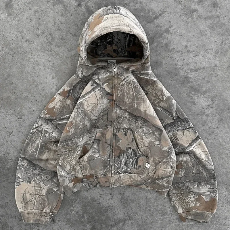Y2K Retro Zip-Up Hoodie Herren Camouflage-Muster Reißverschluss-Sweatshirt High Street Hip Hop Streetwear Oversized Unisex Camo Hoodie