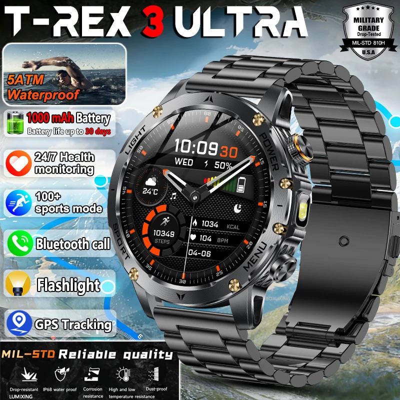 Neue T-Rex 3 Ultra Militärqualität 1000mAh Akku Smartwatch für Herren IP68 Wasserdicht Sport Fitness Bluetooth-Anruf AMOLED Smartwatch Image