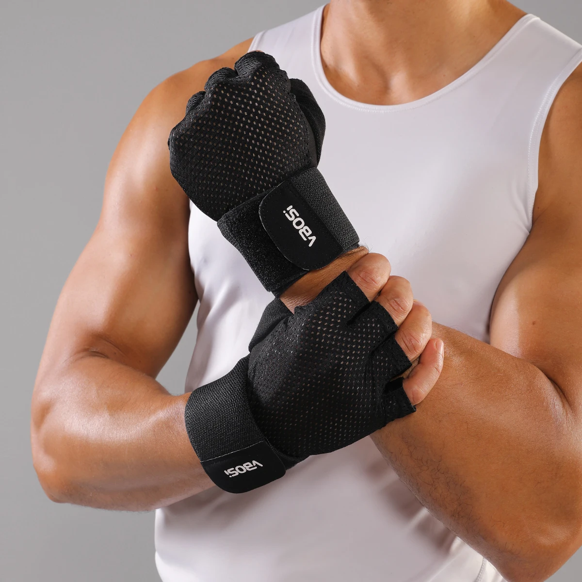 VBOSi Atmungsaktive Halbfinger-Sporthandschuhe mit verstellbaren Handgelenkschlaufen, rutschfeste Fitness- und Fahrradhandschuhe für Damen und Herren Image