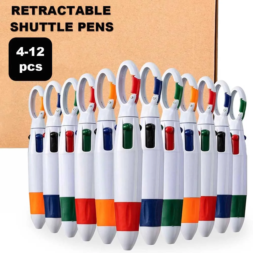 Einziehbare Shuttle-Stifte mit Karabiner-Clip – Packung mit 4–12 großen 4-in-1-Kugelschreibern mit mehrfarbiger Tinte und Schlüsselanhänger für Erwachsene Image