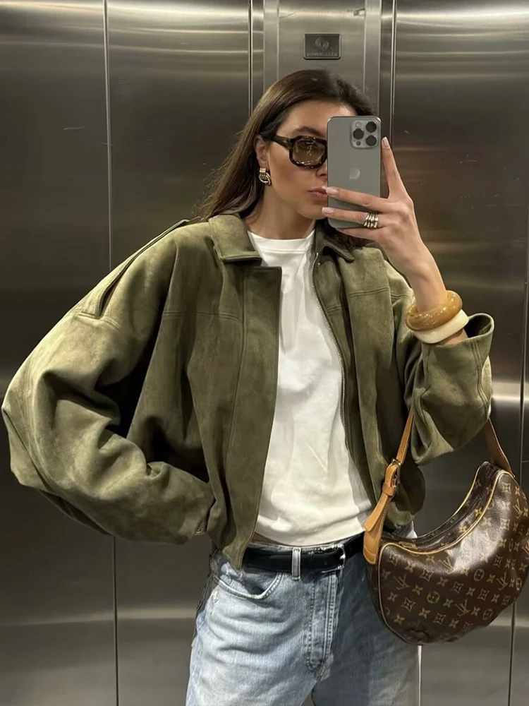 Frauen Grün Wildleder Jacke 2026 Neue Frühjahr Mode Lange Sleeve Zipper Oversize Bomber Jacken Chic Weibliche Straße Casual Mäntel ﻿