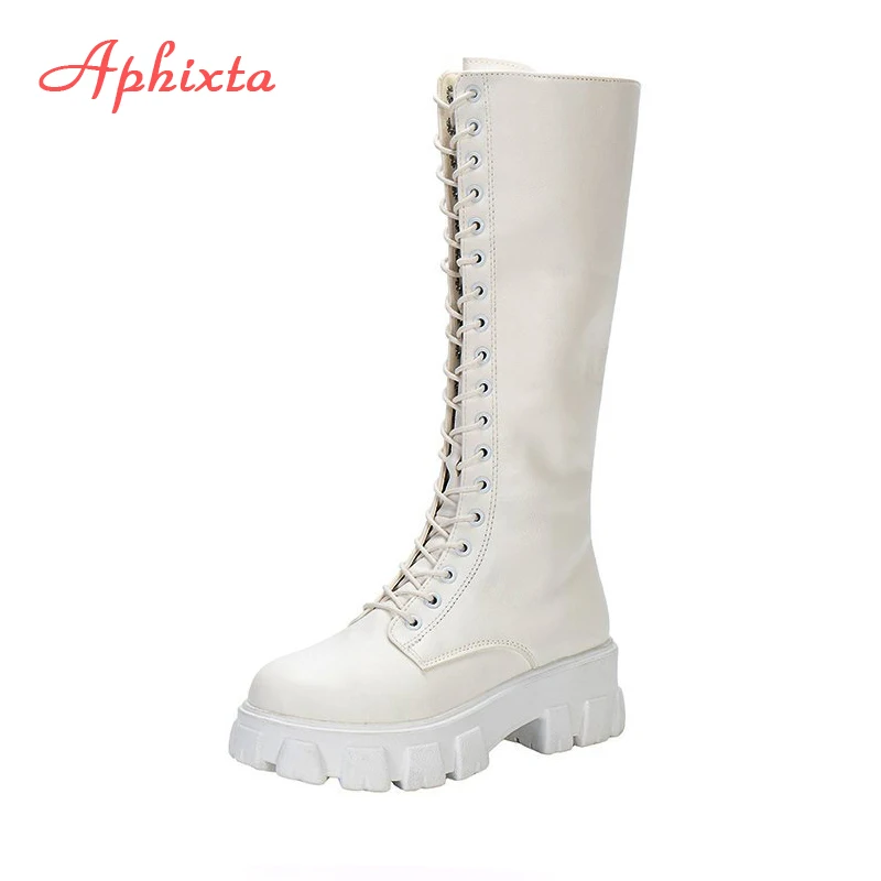 Aphixta 2026 Winterschuhe Damen Lange Hohe Stiefel Weiß PU-Leder Kniehohe Stiefel Damen Mode Schnür-Plateaustiefel Botas Mujer